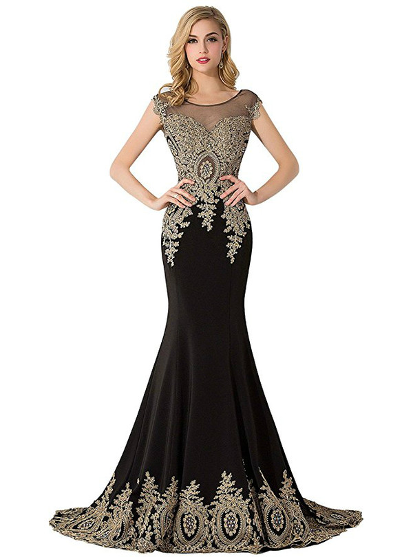 Sexy Mermaid Black Chiffon Cap Sleeve Appliques Prom Dress