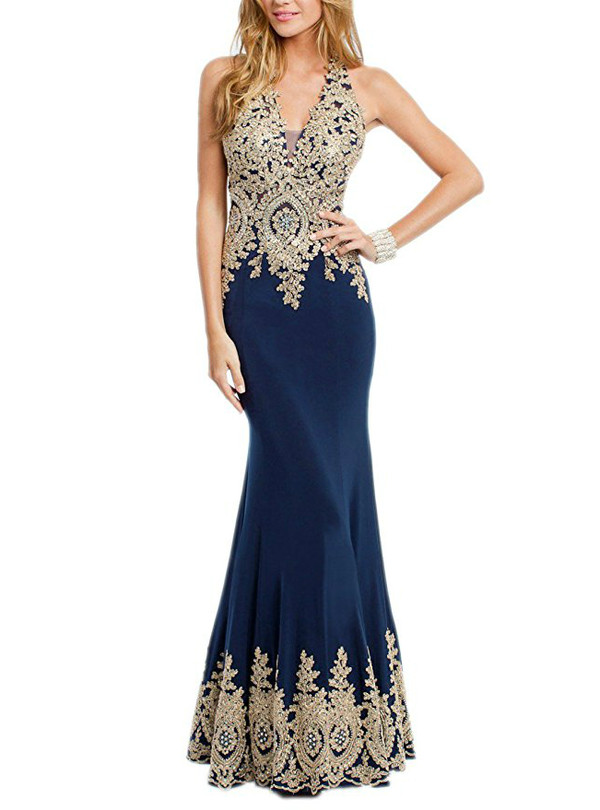 Blue Halter Backless Appliques Sleeveless Prom Dress