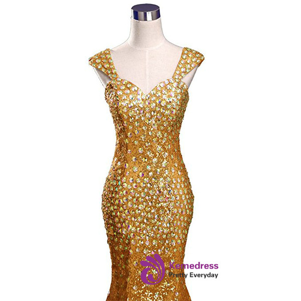 Sexy Mermaid V-neck Sequins Crystal Floor Length Prom Dress