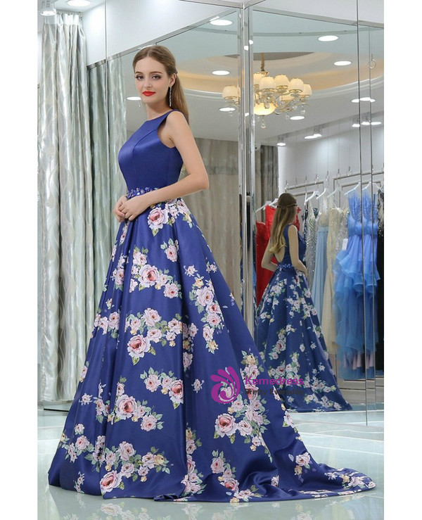 Royal Blue Floral Printed Satin Backless Prom Dress