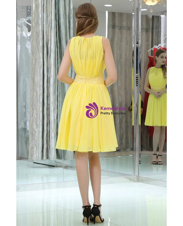 High Neck Short Yellow Chiffon With Beading Waist Homecoming Dress