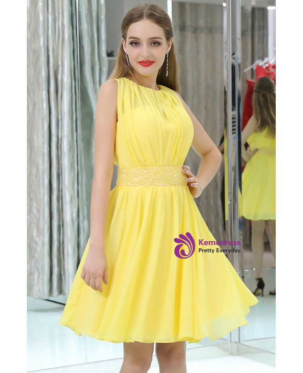 High Neck Short Yellow Chiffon With Beading Waist Homecoming Dress