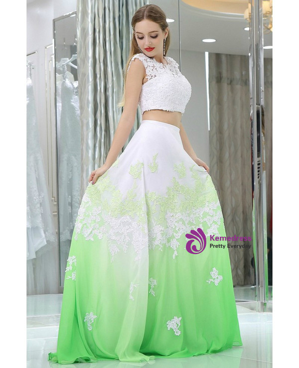 Two Pieces Long Lace Chiffon White And Green Prom Dress