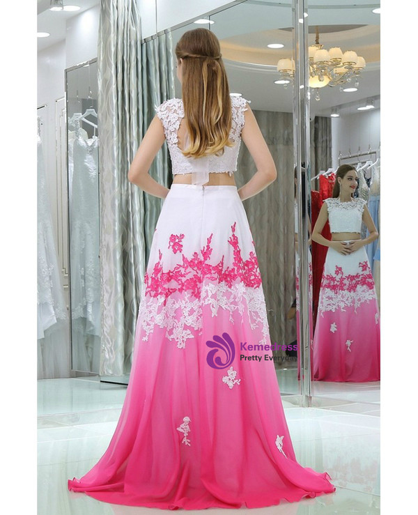 Two Pieces Lace White And Fuchsia Chiffon Prom Dresses