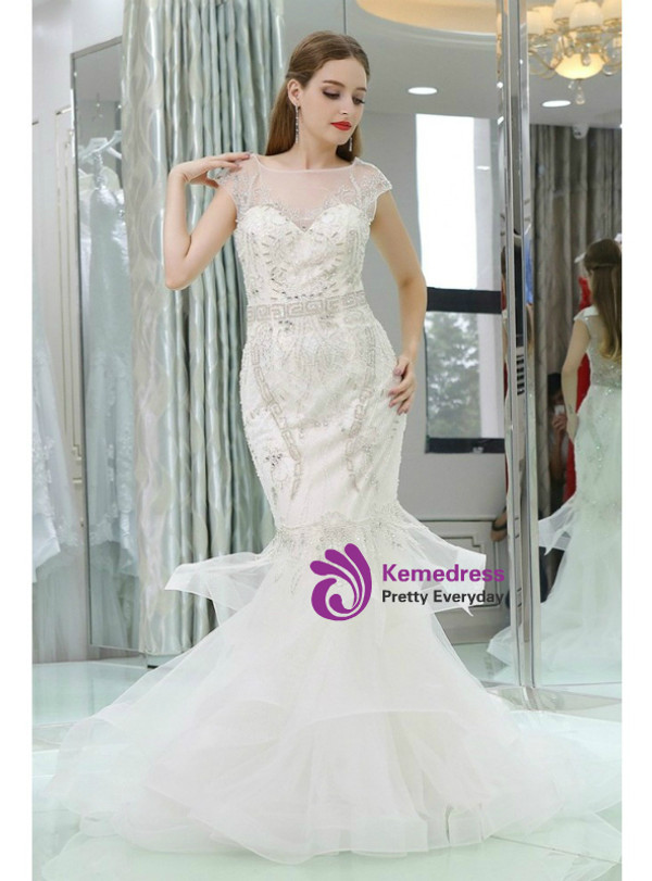 White Mermaid Beaded Tulle Prom Dress With Sheer Back