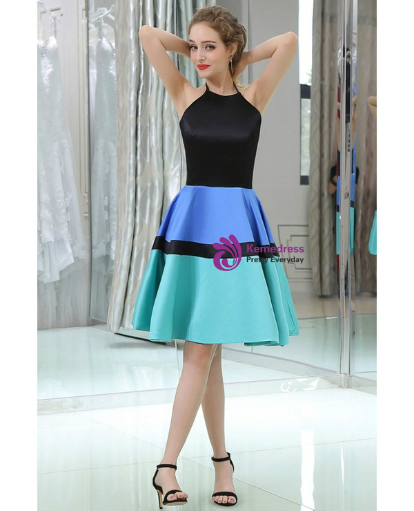 Blue Green Colors Halter Short Satin Homecoming Dress