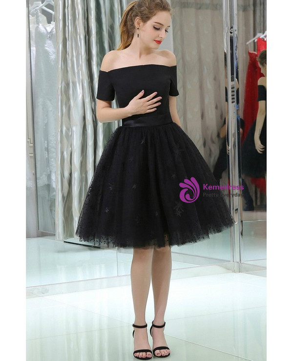 Little Black Short Lace Tulle Satin Off The Shoulder Homecoming Dress