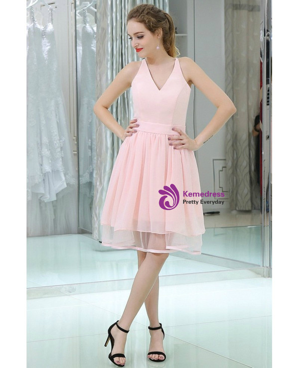 Knee Length V-neck Chiffon Pink With Lace Back Homecoming Dress