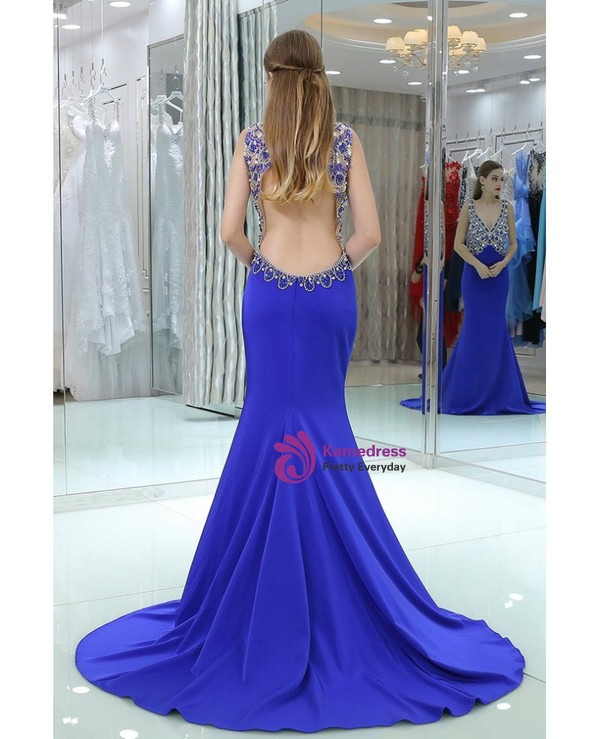 Mermaid Blue V-neck Backless With Beading Prom Dress