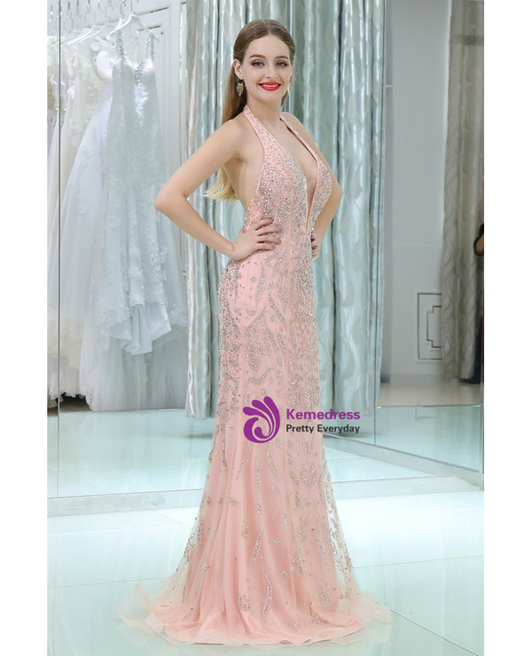 Sparkly Beading Open Back Pink Halter Neck Prom Dress