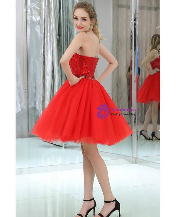 Red Cocktail Sequined Tulle Strapless Homecoming Dress