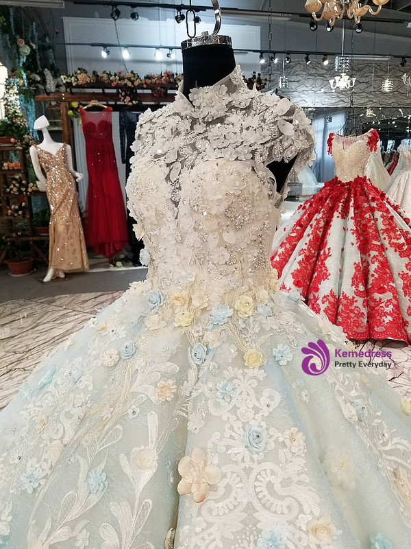 Blue Ball Gown High Neck Backless Haute Couture Wedding Dresses