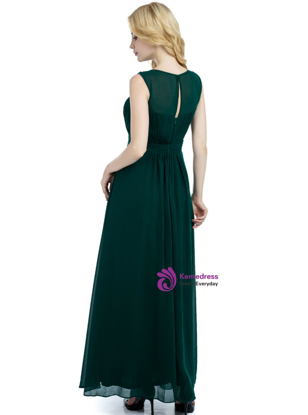 Green Chiffon Pleats Scoop Bridesmaid Dress With Beading