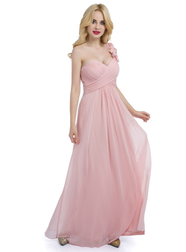 Pink One Shoulder Sweetheart Bridesmaid Dress With Pleats