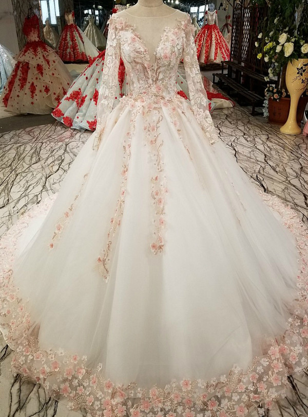 White Tulle Ball Gown Long Sleeve Backless Haute Couture Wedding Dresses