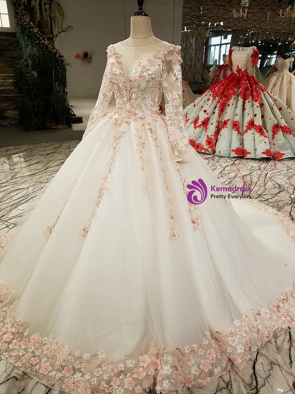 White Tulle Ball Gown Long Sleeve Backless Haute Couture Wedding Dresses