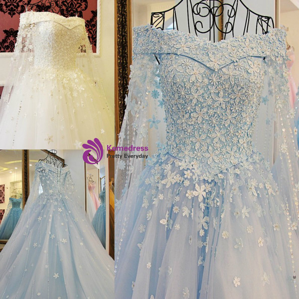 Blue Tulle Off The Shoulder Appliques Beading Wedding Dress