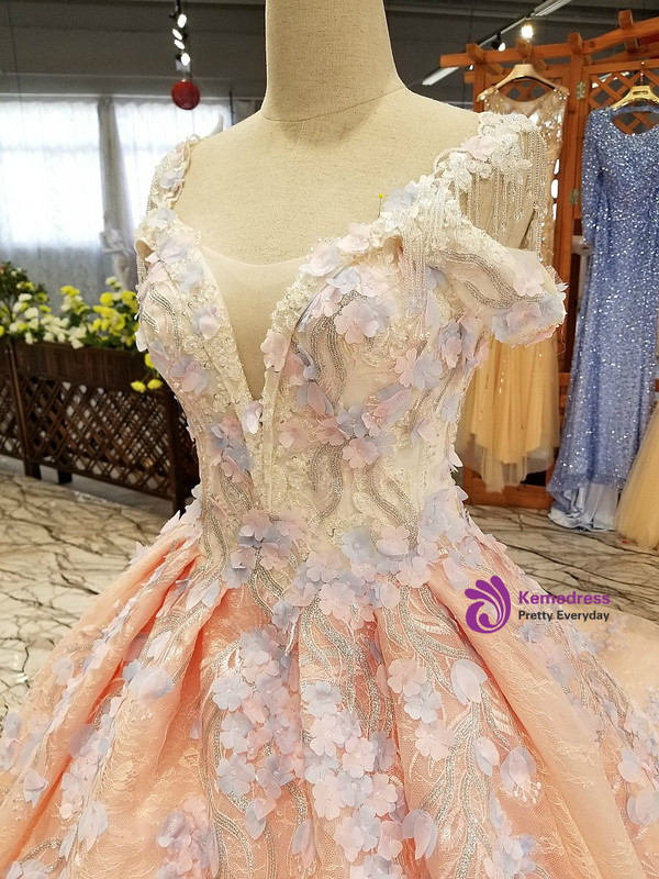 Pink Ball Gown Off The Shoulder Appliques Haute Douture Wedding Dresses