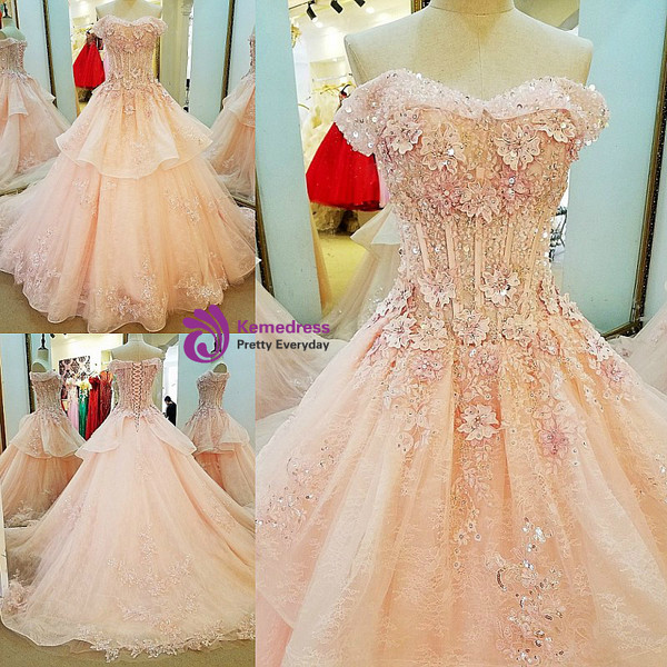 Pink Ball Gown Tulle Off The Shoulder Appliques Wedding Dress