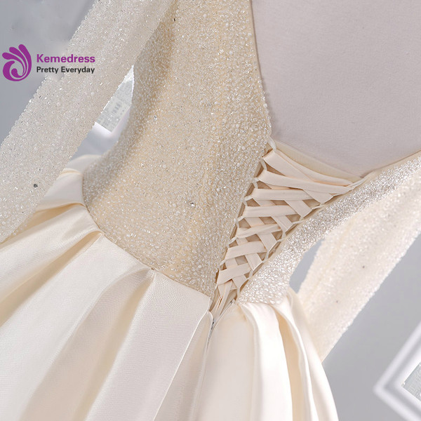 Champagne Long Sleeve Backless Satin Beading Wedding Dress