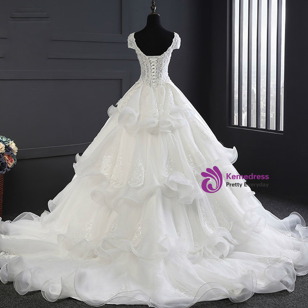 White Tulle Satin Ball Gown V-neck Train Beading Wedding Dress