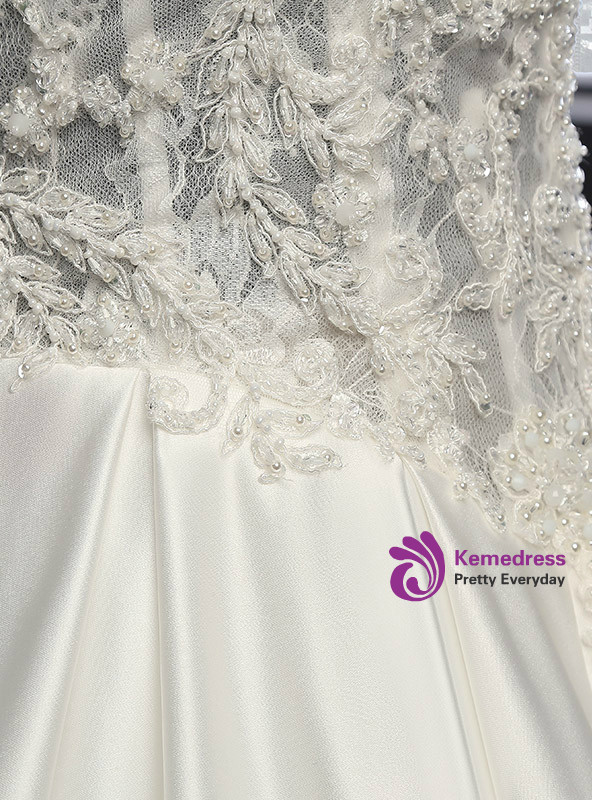 White Tulle Satin Ball Gown V-neck Train Beading Wedding Dress