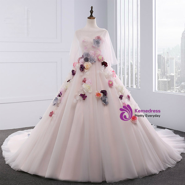 Light Pink Ball Gown Sweetheart Tulle Flower Wedding Dress