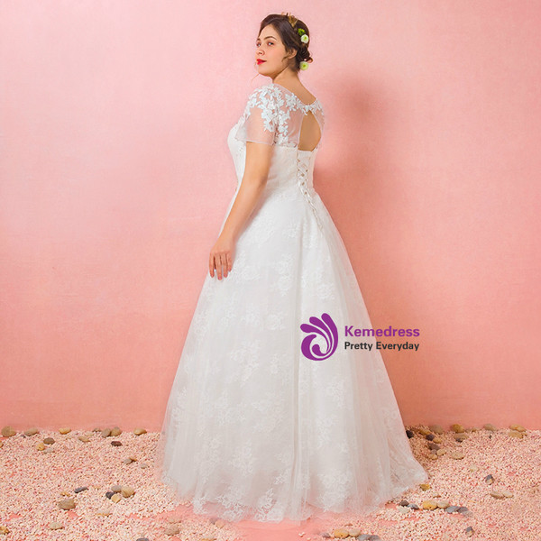Plus Size White Tulle Backless Floor Length Wedding Dress