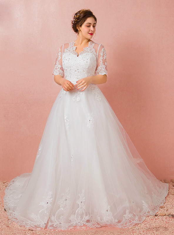 White Tulle Short Sleeve Backless V-neck Appliques Wedding Dress