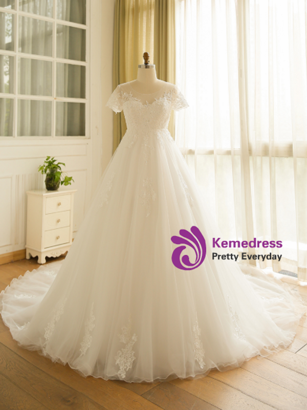 A-Line White Short Sleeve Backless Train Wedding Dress