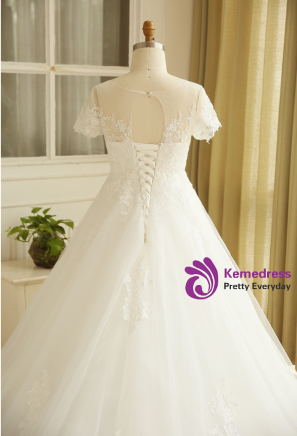 A-Line White Short Sleeve Backless Train Wedding Dress
