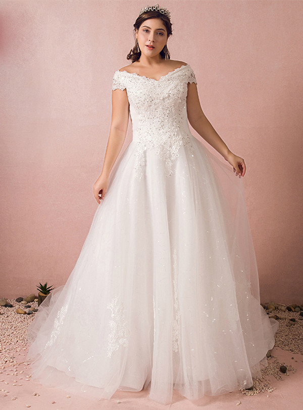 White Tulle Off The Shoulder Appliques Train Wedding Dress