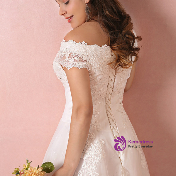 White Tulle Off The Shoulder Appliques Train Wedding Dress