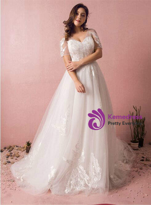 Plus Size A-Line V-neck White Tulle Train Wedding Dress