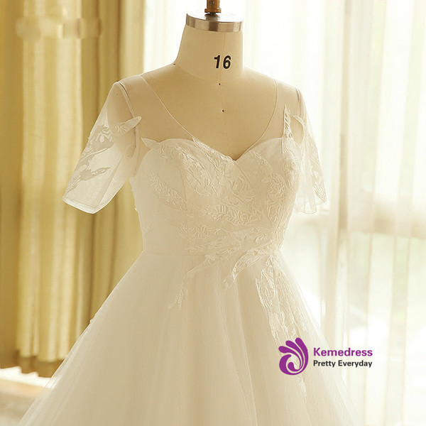 Plus Size A-Line V-neck White Tulle Train Wedding Dress