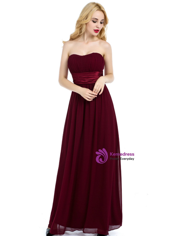 A-Line Burgundy Sweetheart Chiffon Bridesmaid Dress Pleats