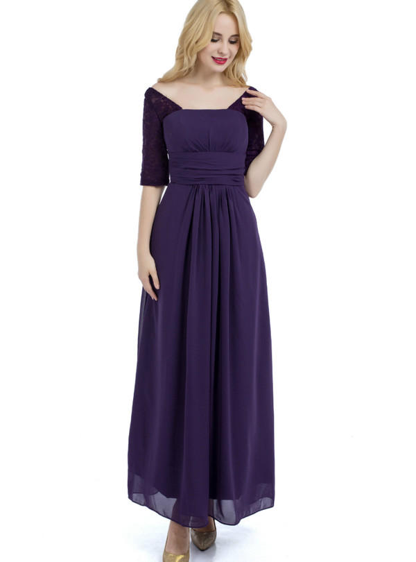Purple Half Sleeve Chiffon Lace Backless Bridesmaid Dress