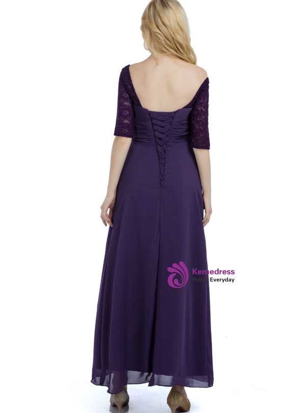 Purple Half Sleeve Chiffon Lace Backless Bridesmaid Dress