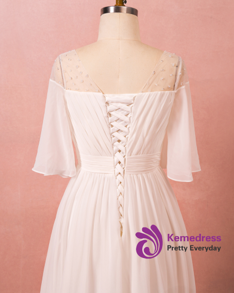 A-Line White Short Sleeve Chiffon Floor Length Wedding Dress