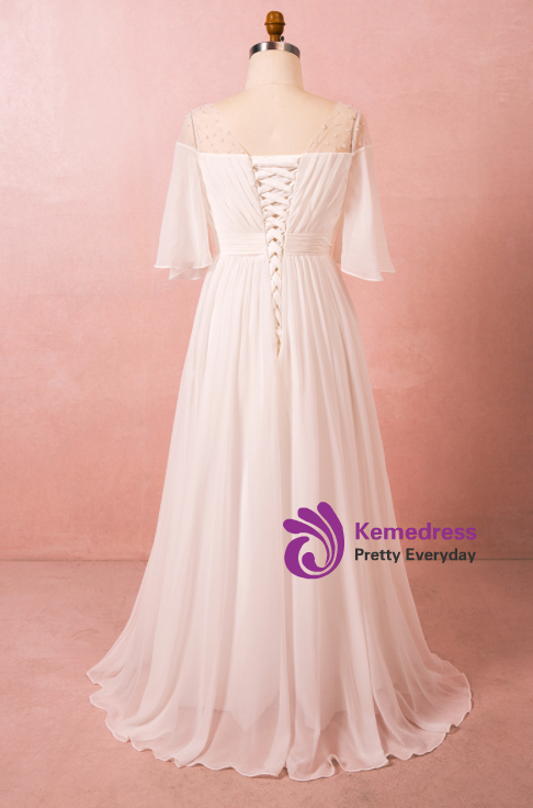 A-Line White Short Sleeve Chiffon Floor Length Wedding Dress