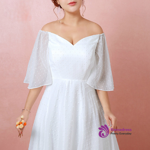 Plus Size White Chiffon Off The Shoulder Floor Length  Wedding Dress