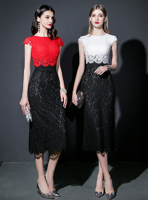 Mermaid Lace Tea Length Cap Sleeve Prom Dress