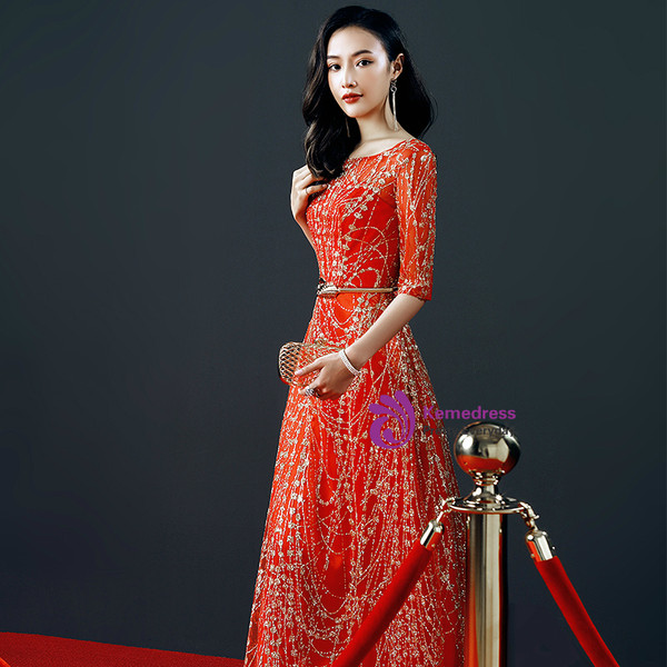 A-Line Bling Bling Short Sleeve Floor Length Prom Dress