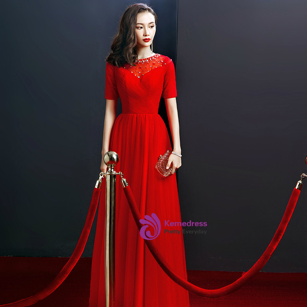 Red Tulle Short Sleeve Lace Up Beading Backless Prom Dress