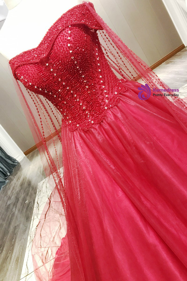 Red Tulle Off The Shoulder Beading Wedding Dress