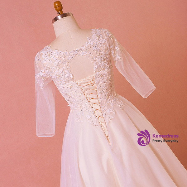 Plus Size Light Champagne Tulle Half Sleeve Backless Wedding Dress