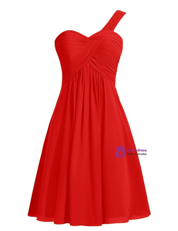 Short Chiffon One Shoulder Knee Length Pleats Bridesmaid Dress