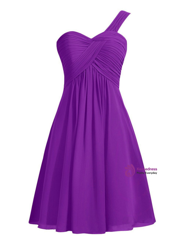 Short Chiffon One Shoulder Knee Length Pleats Bridesmaid Dress