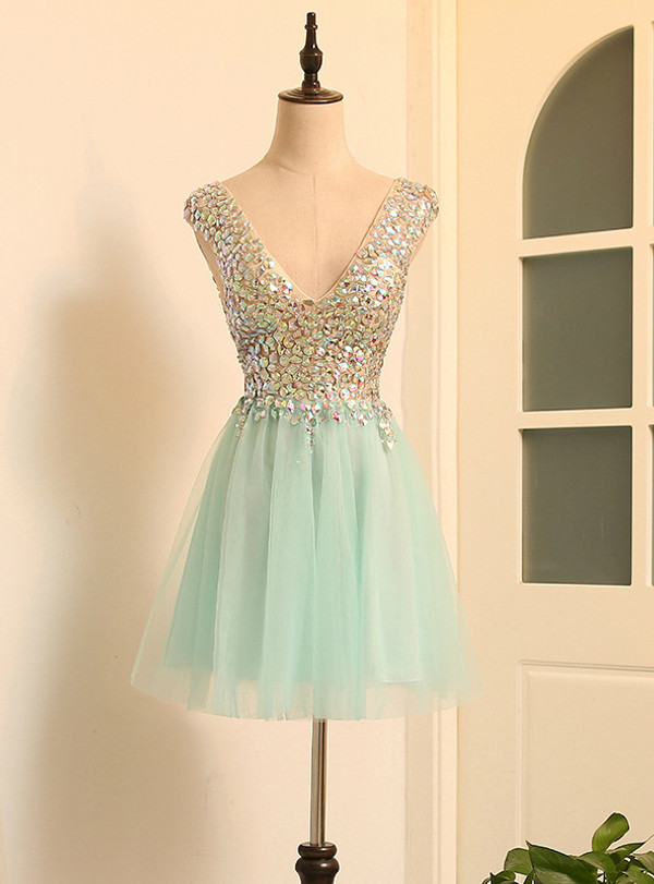 In Stock:Ship in 48 hours Last Minute Mini Short Blue V-neck Dress