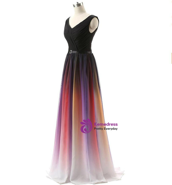 A-Line Long Floor Length Chiffon V-neck Pleats Bridesmaid Dress